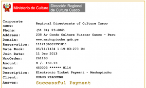 Machu Picchu Online Payment Receipt