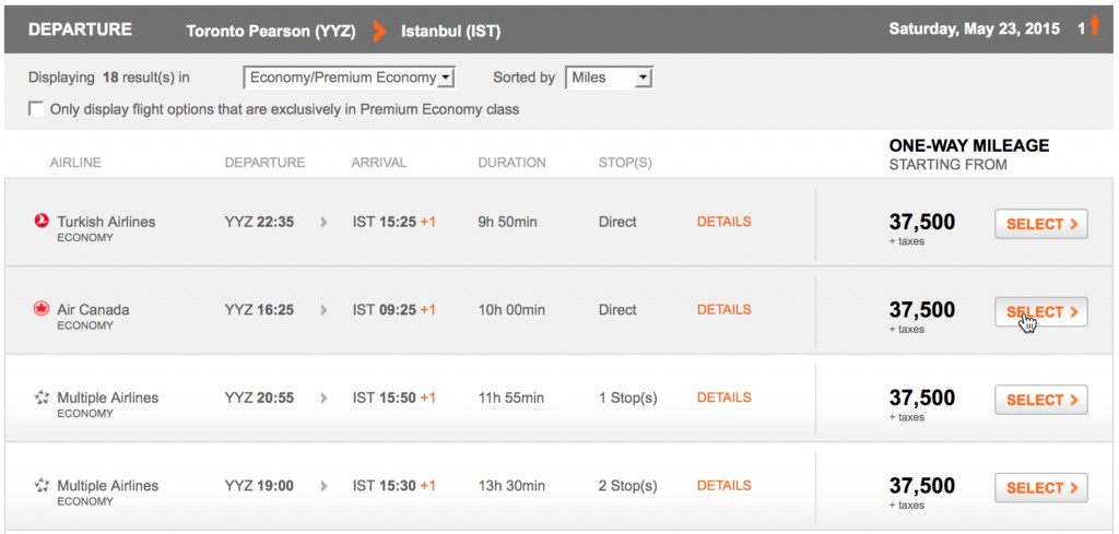 Booking comparison between Air Canada and Turkish Airlines from Toronto to Istanbul