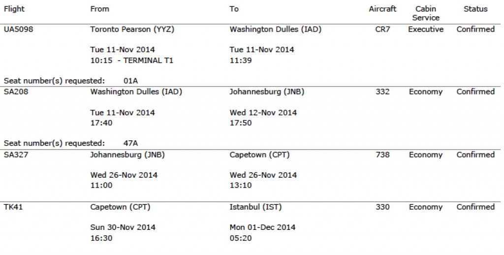 Itineraries for Toronto, Johannesburg, Cape Town, Istanbul