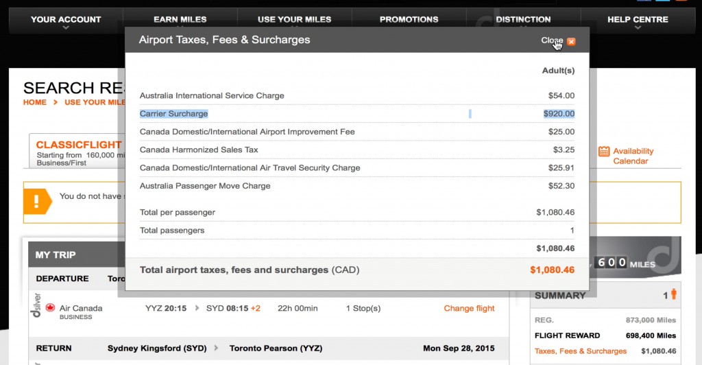 Example of Air Canada surcharge.