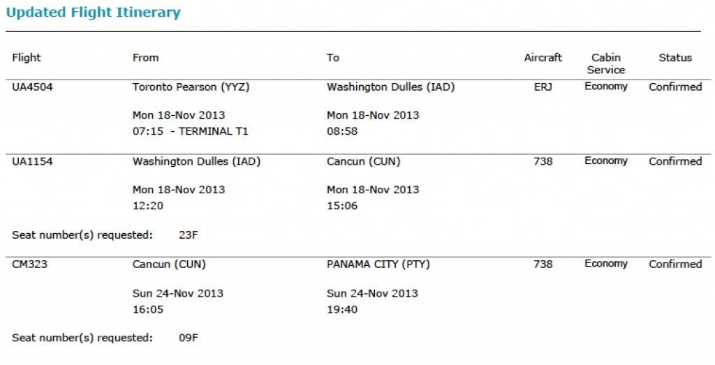 Toronto to Cancun Route via Washington Dulles