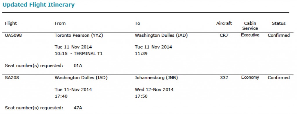 Toronto to Johannesburg via Washington Dulles