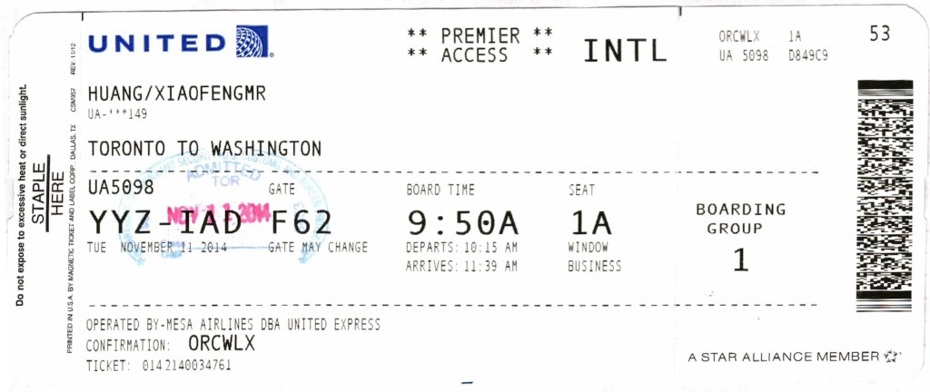 United Express Toronto to Washington Dulles Boarding Pass