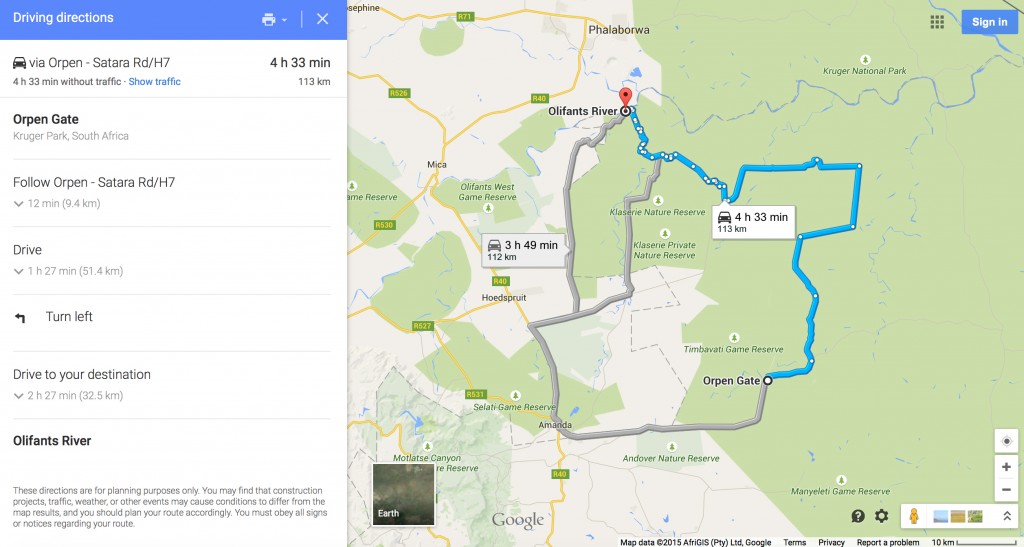 Recommended Route from Orpen Gate to Olifants