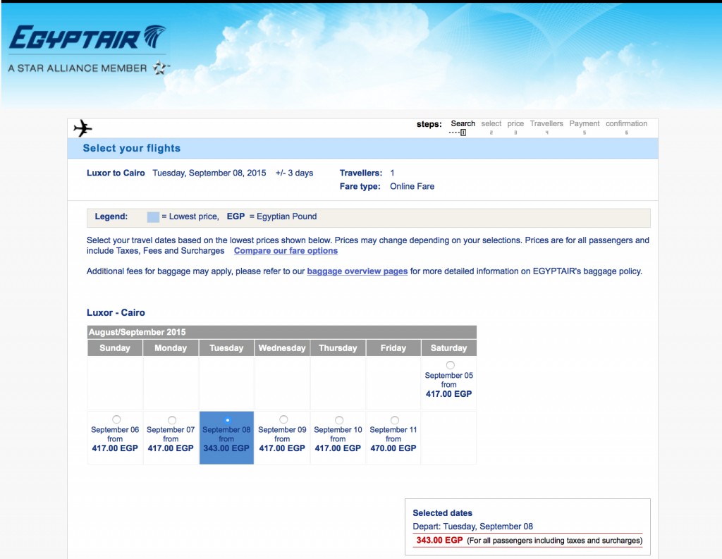 For Egyptair's Egypt homepage, for the price the same Luxor to Cairo route are quoted in the local currency of Egyptian Pound