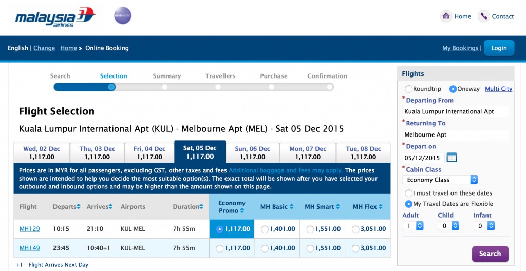 Malaysia Airlines fares are $311.00 USD for Kuala Lumpur (KUL) to Melborne (MEL)