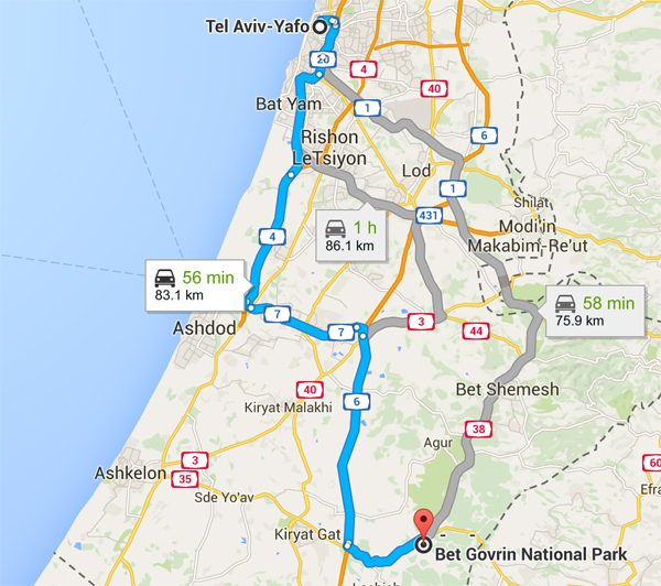 Driving from Tel Aviv to Beit Guvrin National Park