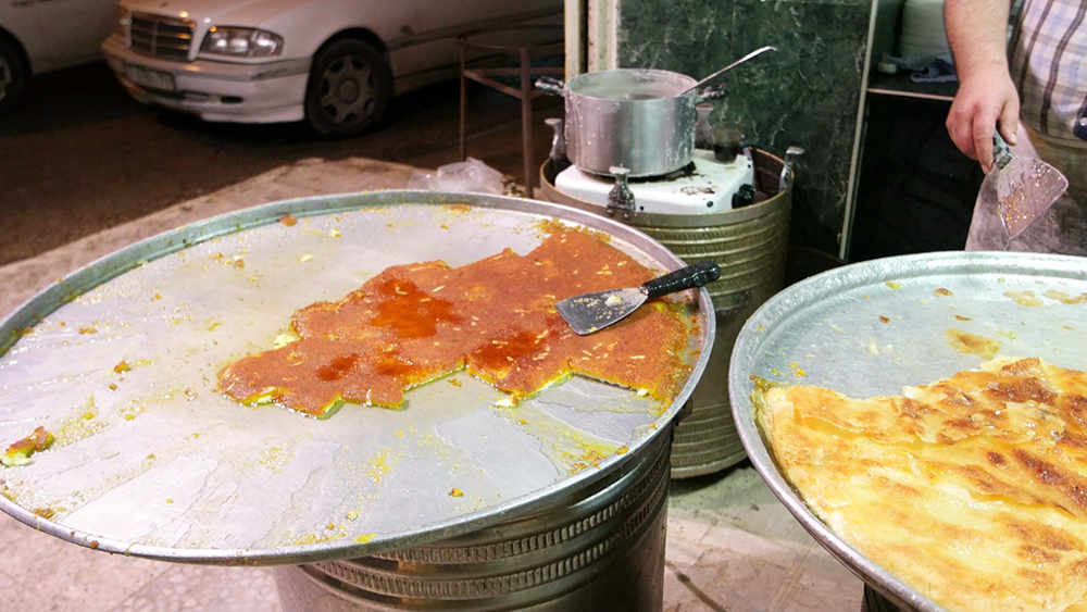 Kanafeh, cheese pastry soaked in sweet, sugar-based syrup