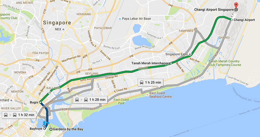 MRT Directions for Gardens by The Bay to Changi Airport